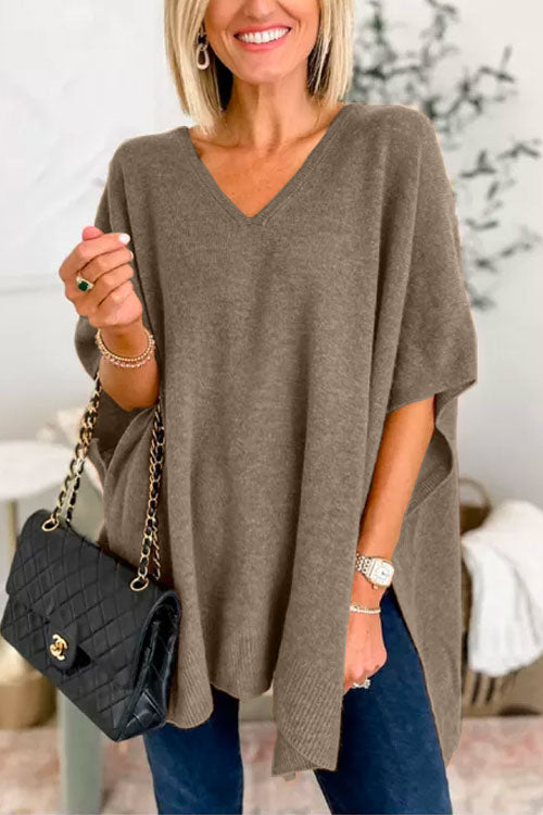 Stylish V-Neck Loose-Fit Solid Poncho Sweater