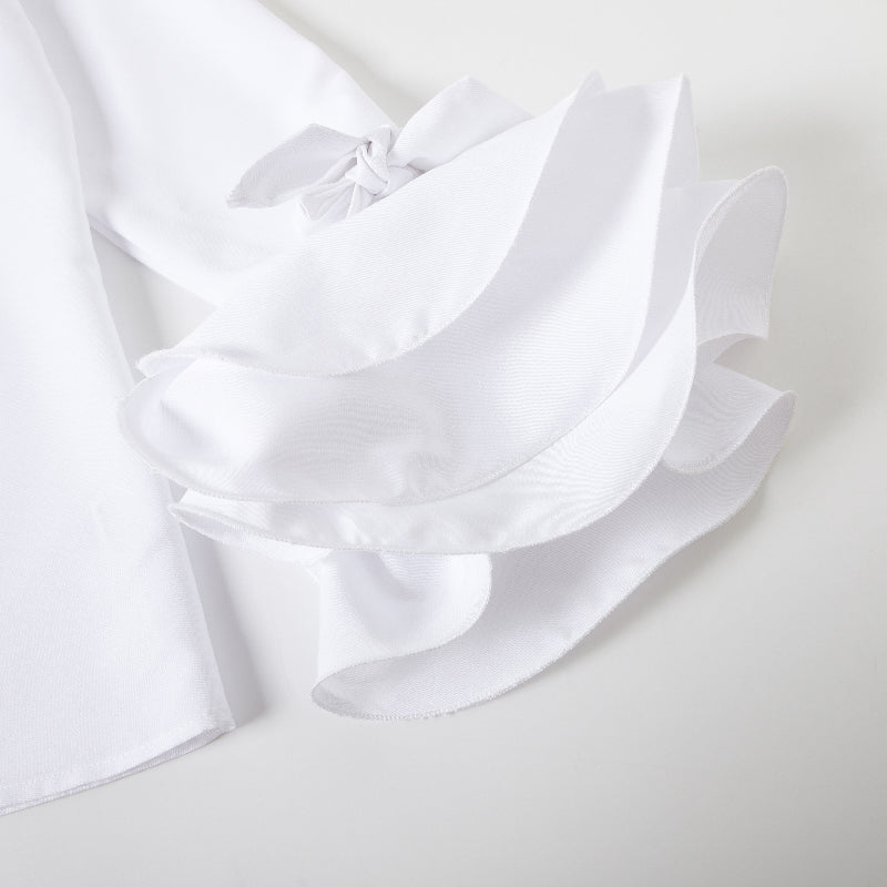 Solid Color Lapel Blouse with Flared Sleeves and Bow Detail
