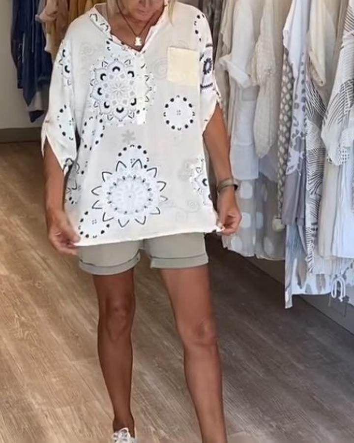 Versatile V-Neck Printed Blouse with Half Sleeves