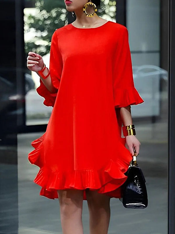 Loose-Fit Midi Dress with Half Sleeves and Ruffled Round Neck in Solid Colors