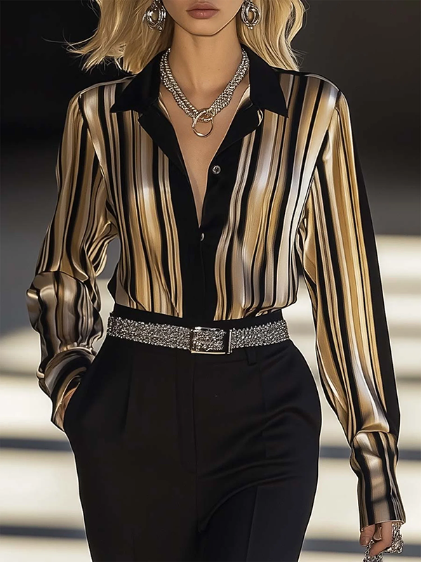 Striped Lapel Blouse & Shirt with Long Buttoned Sleeves