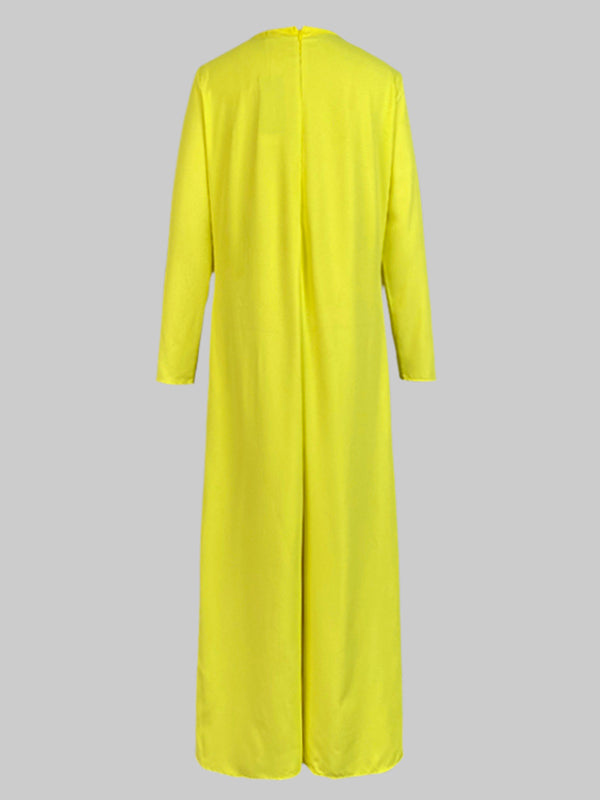 Relaxed Fit Wide Leg Jumpsuit with Pockets and Round Neck