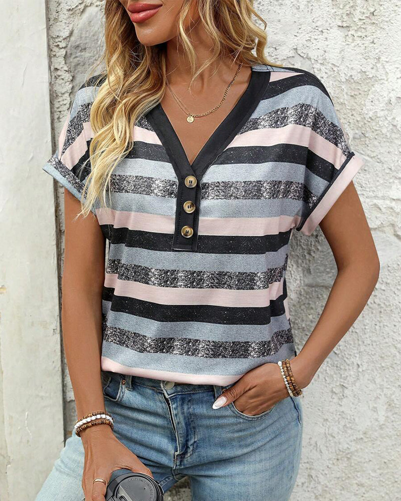 Striped V-Neck T-Shirt with Three Button Detail
