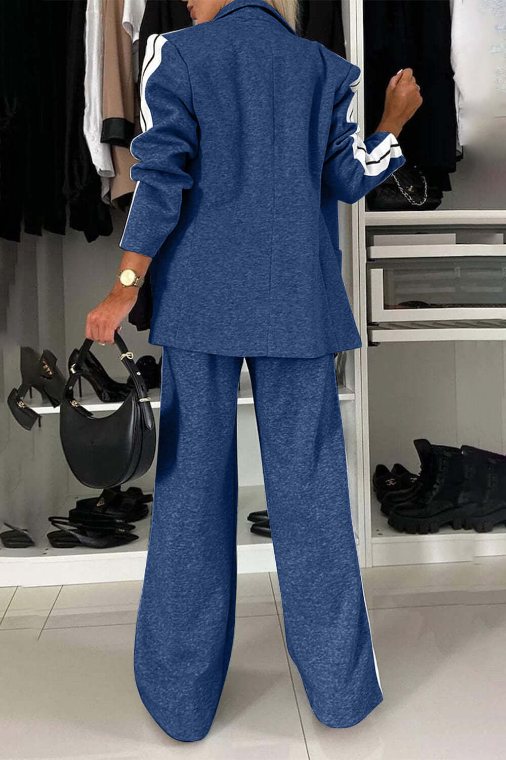 Two-Piece Set: Contrast Lapel Collar Top with Matching Pants