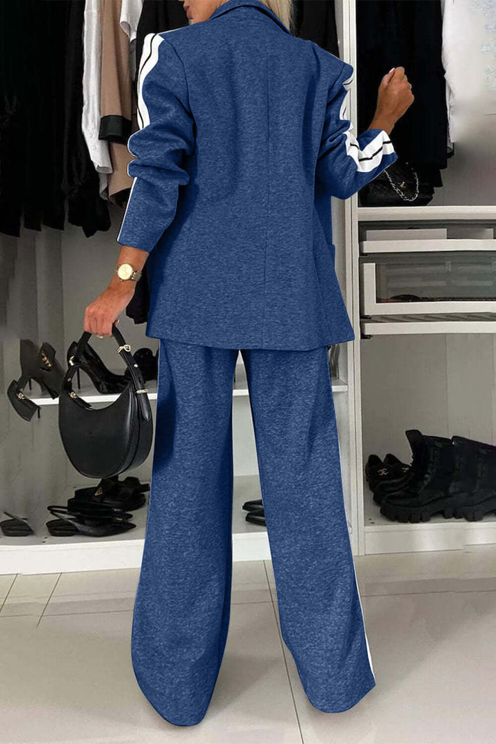 Two-Piece Set: Contrast Lapel Collar Top with Matching Pants