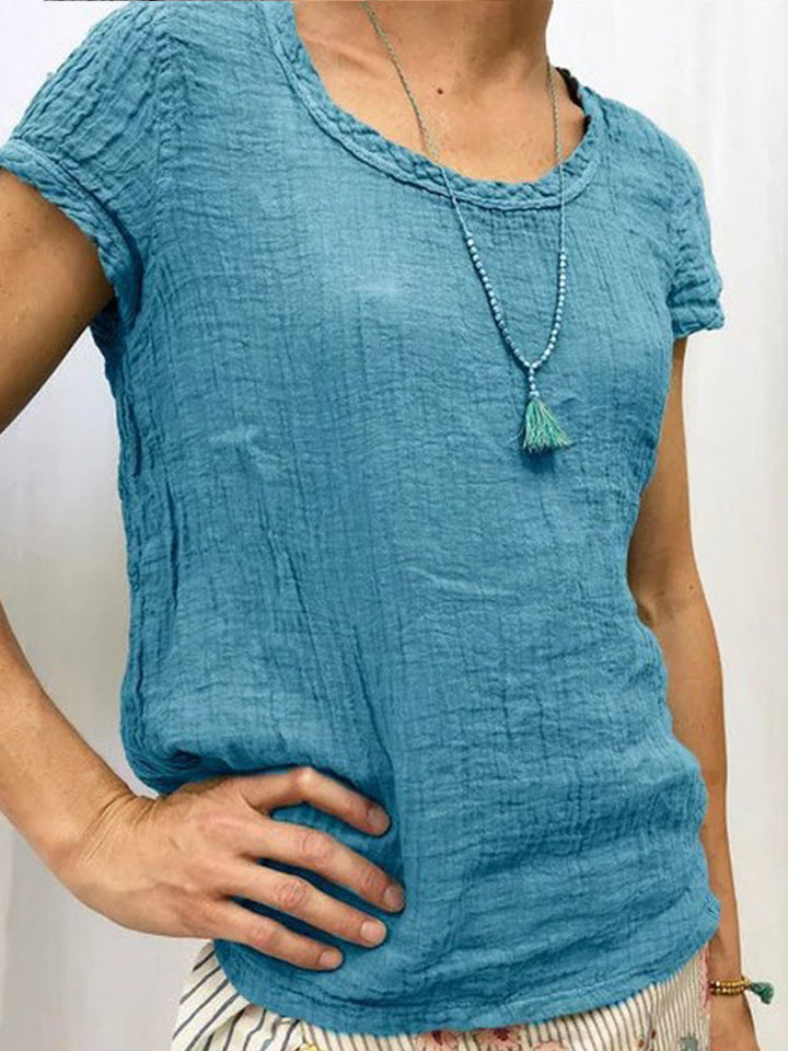 Vintage Round Neck Cotton-Linen Casual Shirt