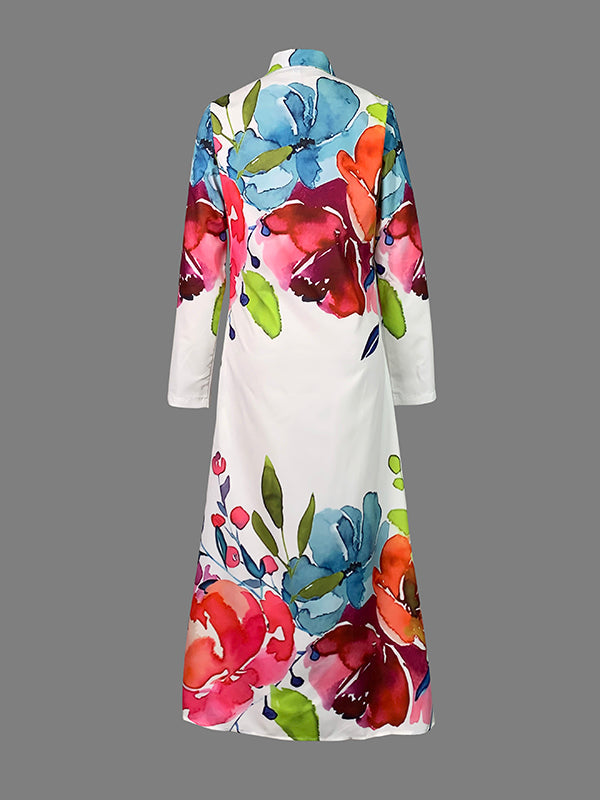 Floral Print Maxi Shirt Dress with Long Sleeves and Button Closure