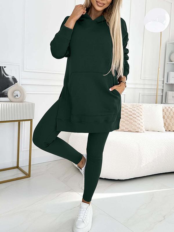Chic Solid Color Hoodie and Lined Leggings Set