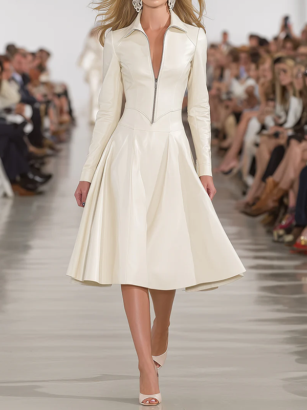 Soft Midi Dress with Long Sleeves, Zipper Lapel, and Slim Fit