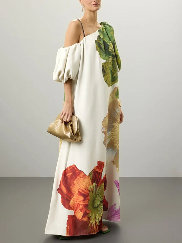 One-Shoulder A-Line Maxi Dress with Loose Fit and Floral Print