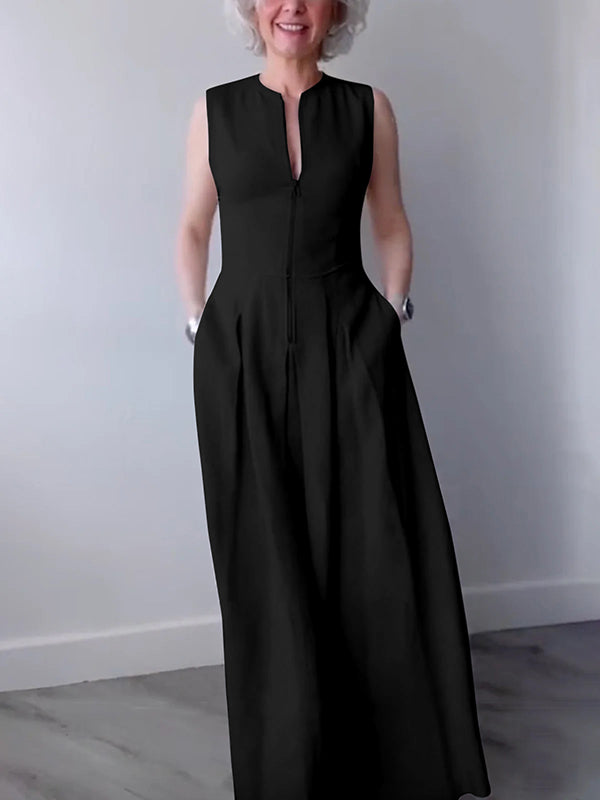Maxi Dress with A-Line Loose Fit, Pleats, Pockets, Split Joint, and Zipper - Round Neck Design