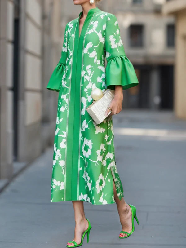 Floral Print Maxi Dress with Bell Sleeves and Side Slits
