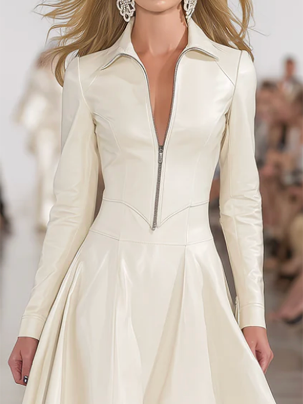 Soft Midi Dress with Long Sleeves, Zipper Lapel, and Slim Fit