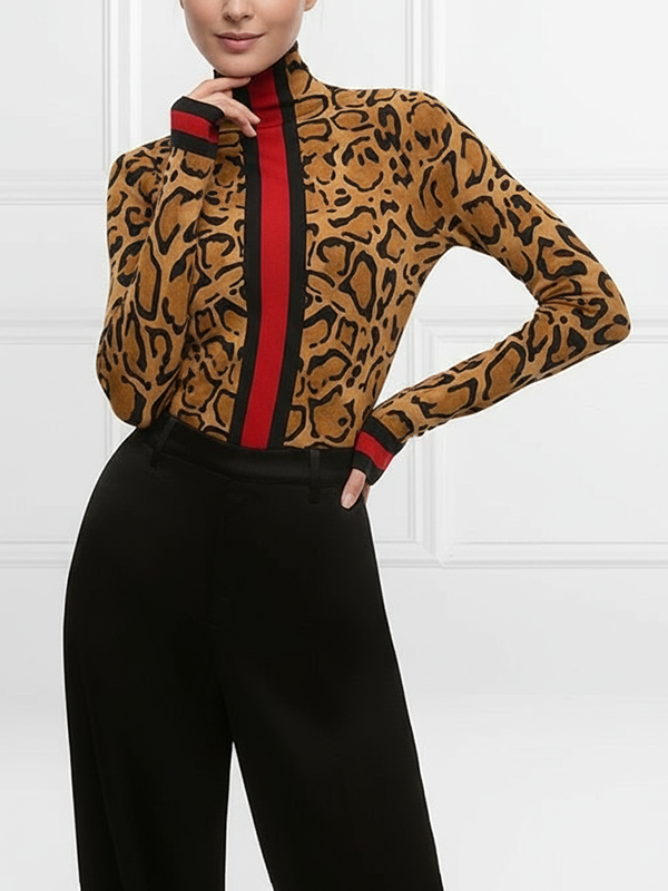 High Neck Leopard Print Long Sleeve Top with Contrast Color