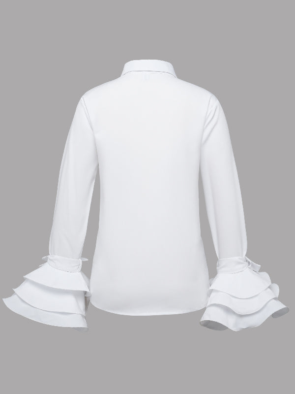 Solid Color Lapel Blouse with Flared Sleeves and Bow Detail
