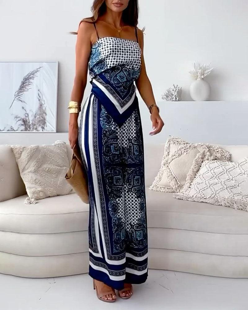 Chic Printed Lace-Up Vest and Pants Two-Piece Ensemble