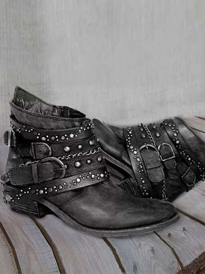 Distressed Studded Buckle Ankle Boots