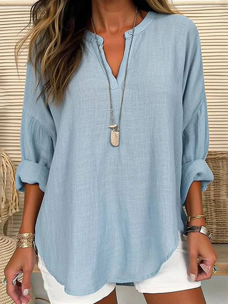 Casual Loose-Fit Long Sleeve V-Neck Blouse in Solid Colors