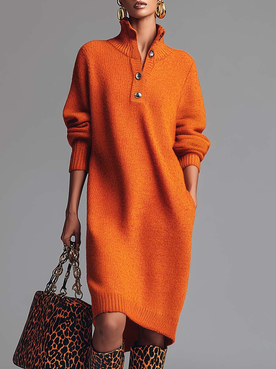 Orange Knit Midi Dress with Button-Front Lapel