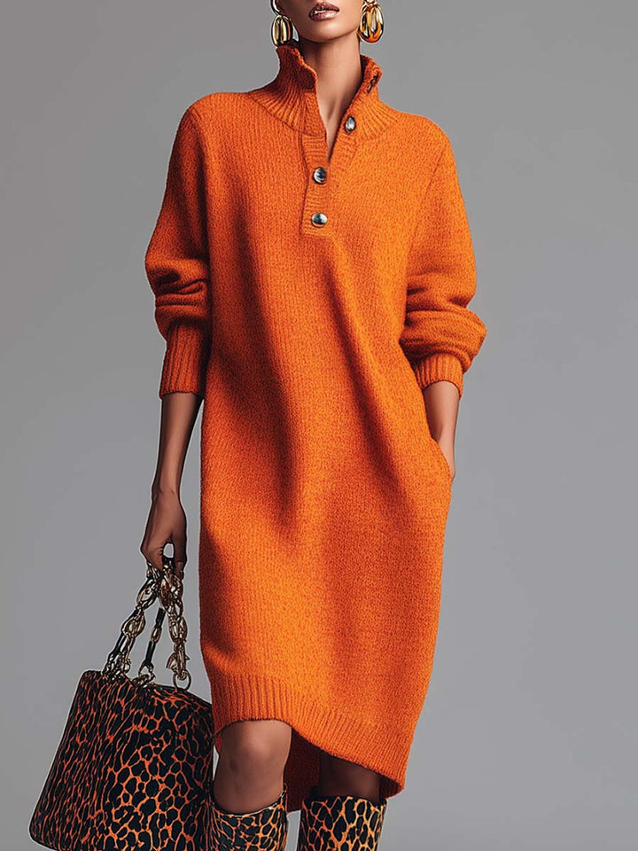 Orange Knit Midi Dress with Button-Front Lapel
