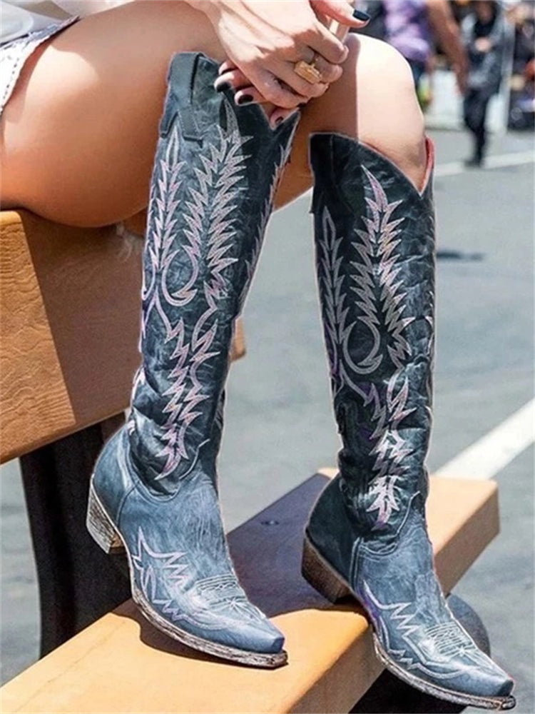Retro Western Cowboy Knee-High Boots with Embroidery