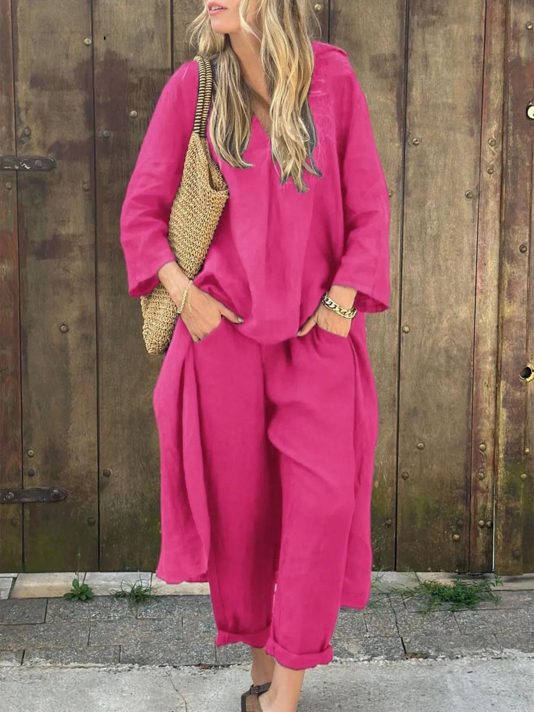 V-Neck Irregular Linen Top with High-Waisted Wide-Leg Pants Set featuring Pockets