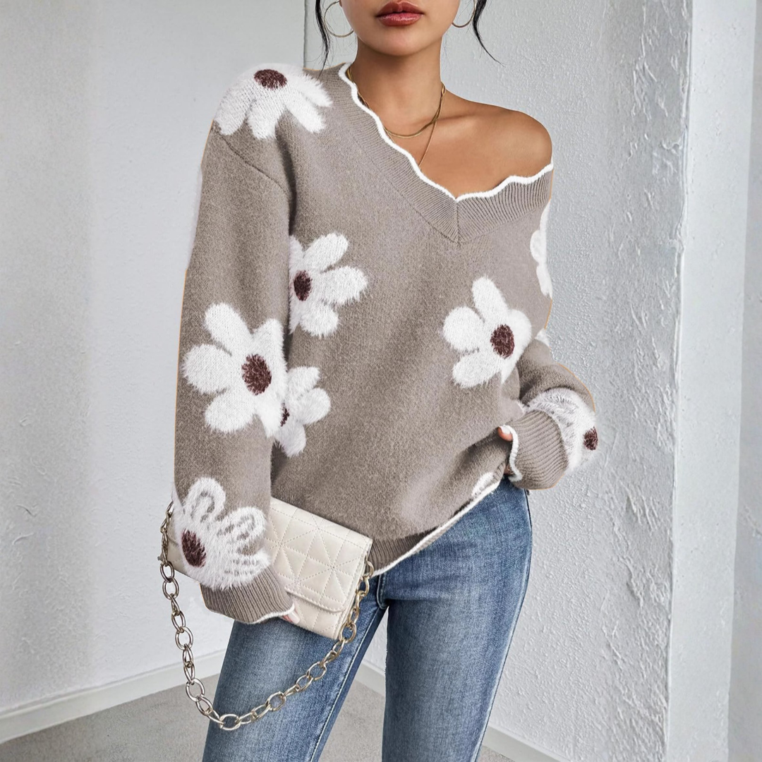 KYUPA™ - Relaxed V-Neck Pullover with Long Sleeves and Dropped Shoulders