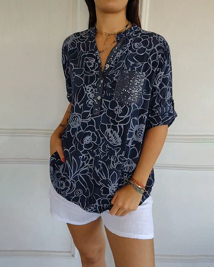 Printed V-Neck Button-Up Blouse