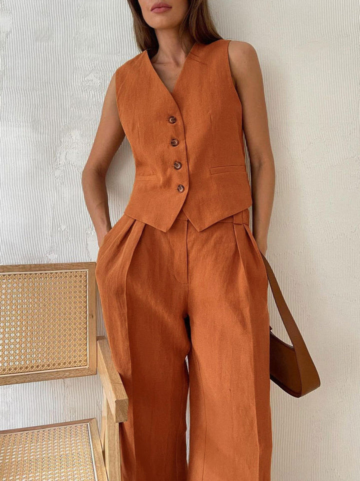 Timeless V-Neck Pleated Wide-Leg Cotton and Linen Pant Suit