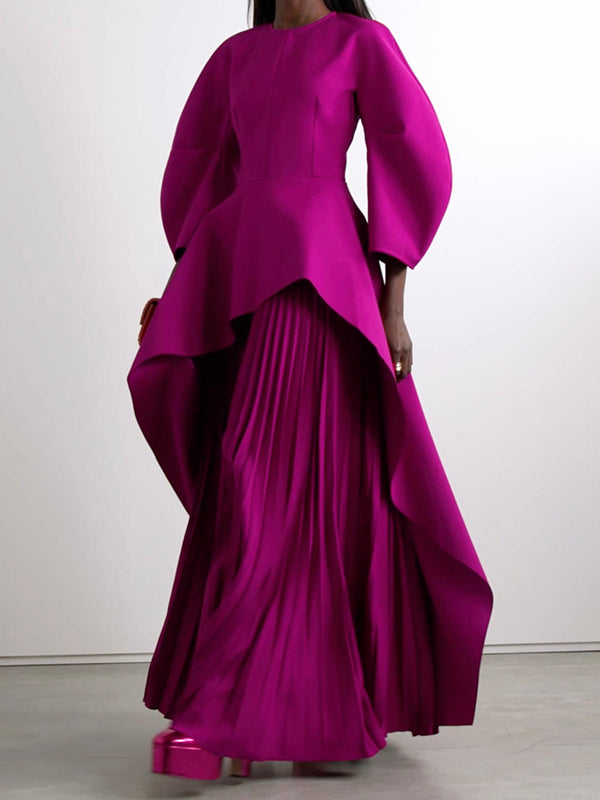 Tiered Maxi Dress with Long Sleeves, Pleated Design, Solid Color, and Round Neck
