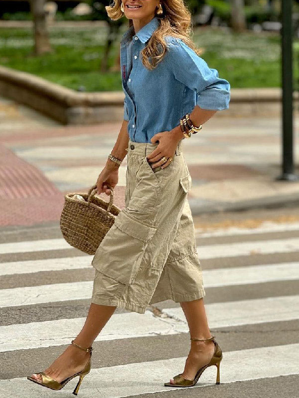 Relaxed Fit Wide Leg Capri Pants with Buttoned Pockets and Solid Color Split-Joint Design