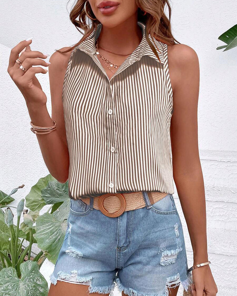 Striped Sleeveless Collared Tank Top