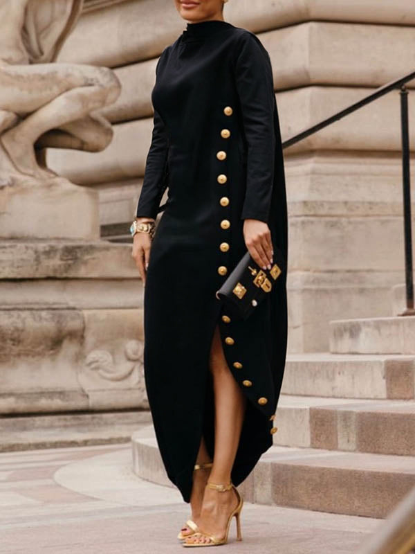 Long Sleeve Loose-Fit Asymmetric Button-Up Mock Neck Maxi Dress with Side Split