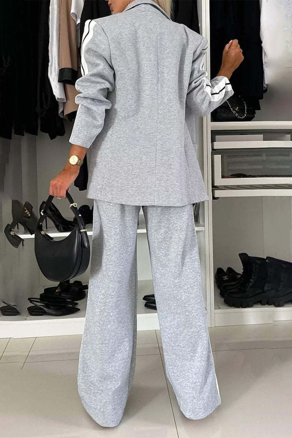 Two-Piece Set: Contrast Lapel Collar Top with Matching Pants