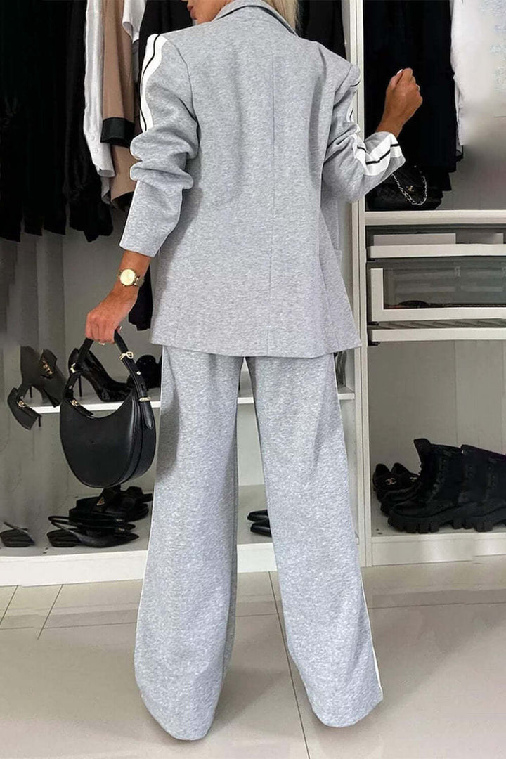 Two-Piece Set: Contrast Lapel Collar Top with Matching Pants