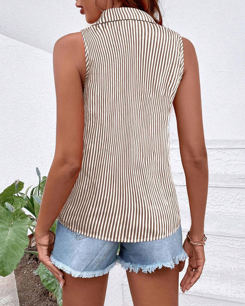 Striped Sleeveless Collared Tank Top
