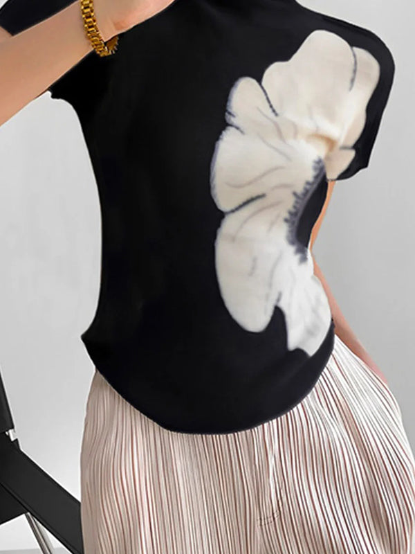 High Neck Floral Print Short Sleeve Slim Fit T-Shirt