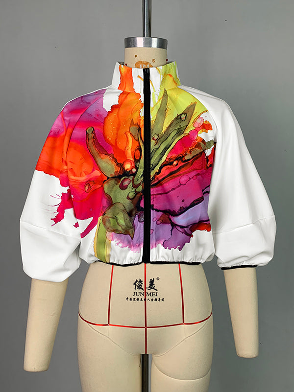 Asymmetric Floral Print High Neck Outerwear with Loose Puff Sleeves