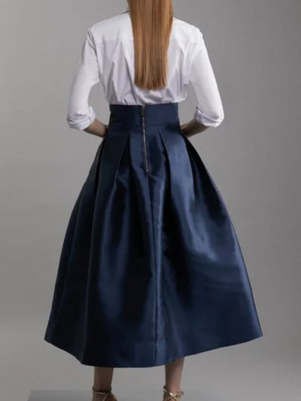 Solid Color High-Waisted A-Line Pleated Skirt with Zipper