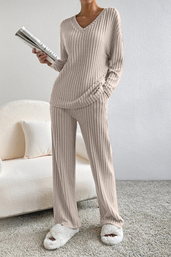 Ribbed V-Neck Top with Matching Pants Set