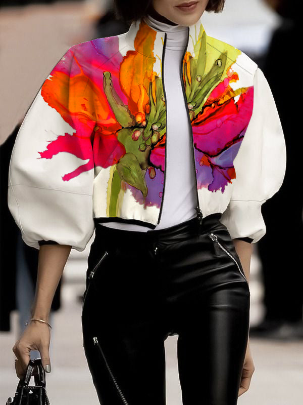 Asymmetric Floral Print High Neck Outerwear with Loose Puff Sleeves