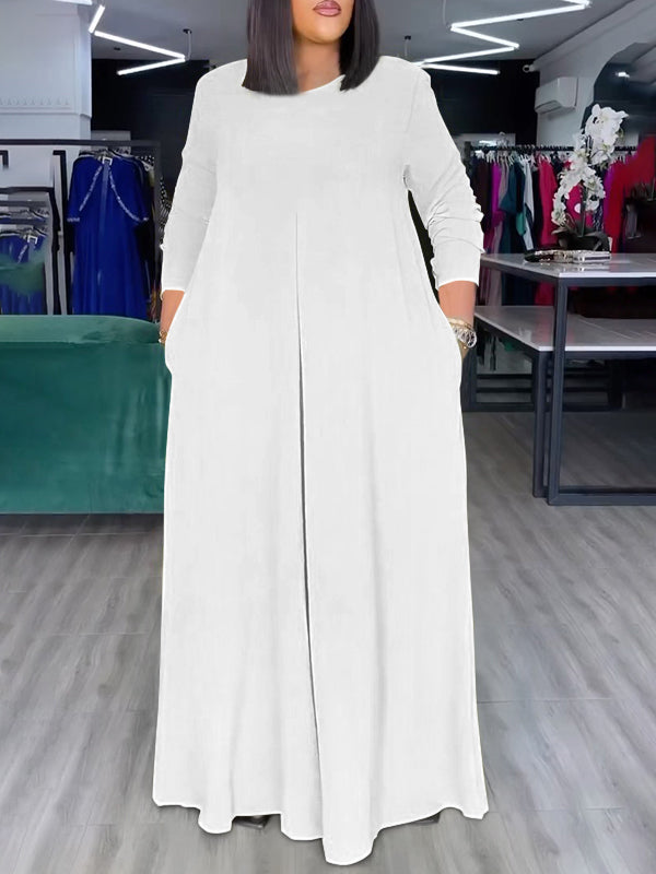 Relaxed Fit Wide Leg Jumpsuit with Pockets and Round Neck