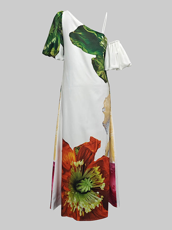 One-Shoulder A-Line Maxi Dress with Loose Fit and Floral Print