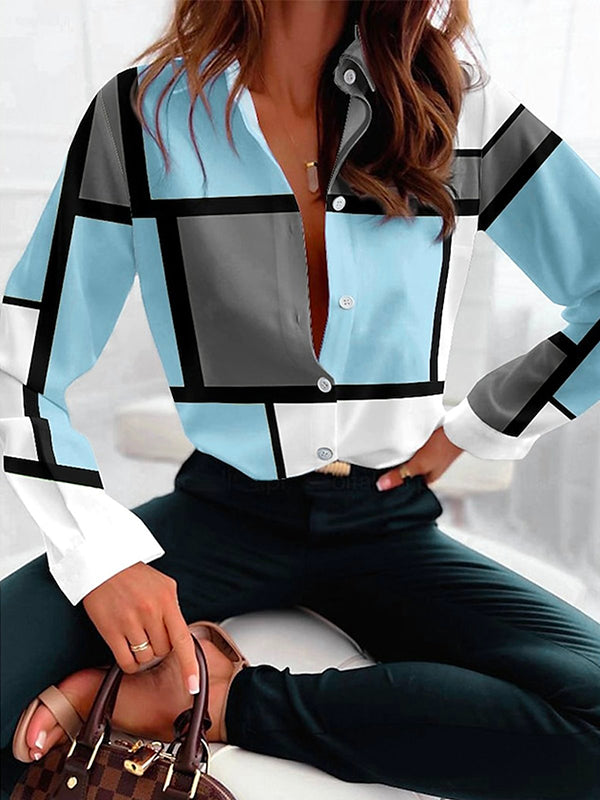 Loose Fit Long Sleeve Plaid Blouse with Contrast Color and Button Details