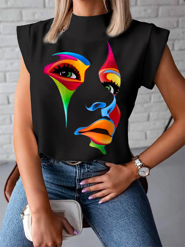 High-Neck Cap Sleeve Loose-Fit Multi-Colored Printed T-Shirt