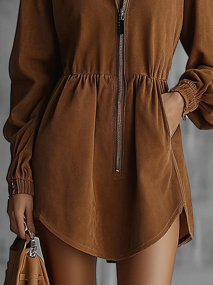 Brown Faux Suede Mini Dress with Zip-Up Closure