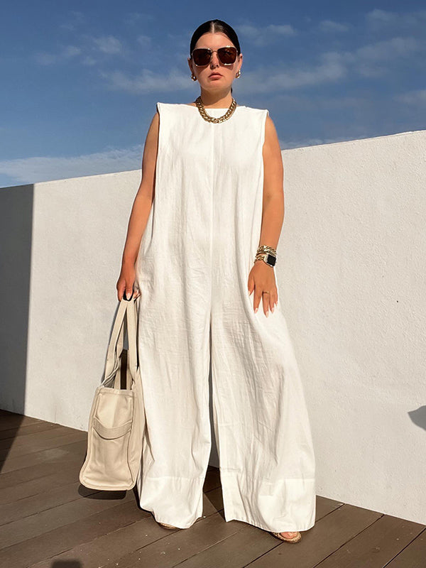 Sleeveless Wide-Leg Jumpsuit with Shoulder Pads in Solid Colors