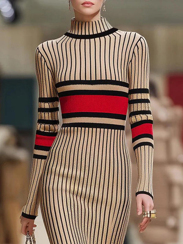 High Neck Midi Sweater Dress with Long Sleeves and Contrast Color Stripes