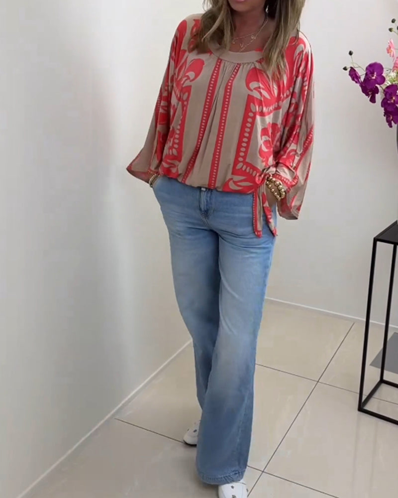 חולצה קז'ואלית עם צווארון עגול והדפסה ושרוולים ארוכים