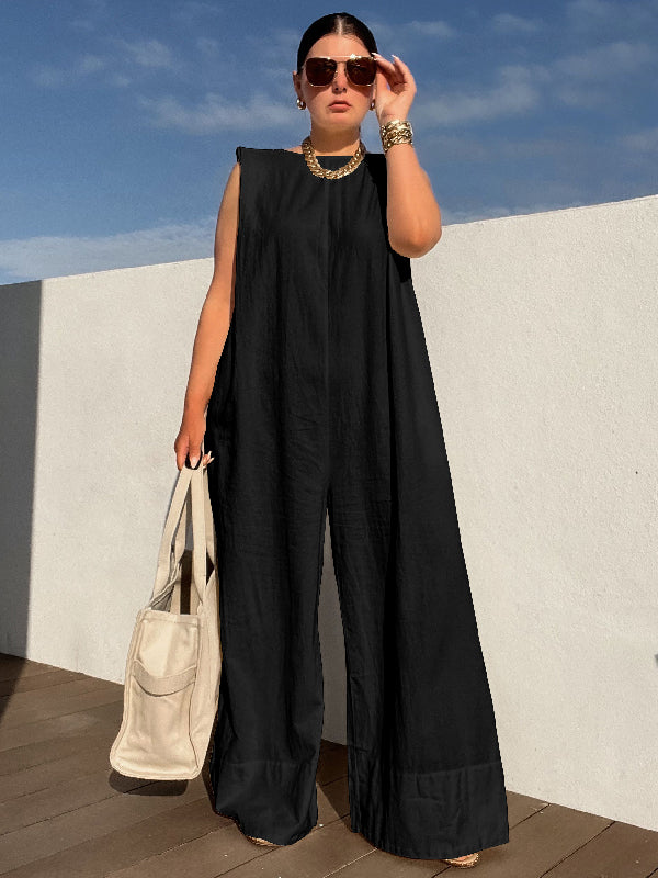 Sleeveless Wide-Leg Jumpsuit with Shoulder Pads in Solid Colors